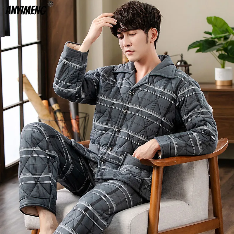 Winter Men Pajama Sets Thick Warm Three Layer Cotton Pijamas Plus Size L-3XL Homewear Three Layer Cotton Male Loungewear