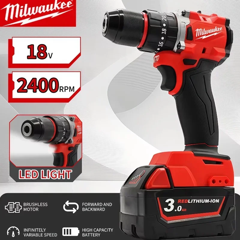 

Milwaukee Brushless Impact Drill Cordless Electric Drill 20+3 Torque Impact Drill Hammer Multifunctional Power Tools 18V 20V