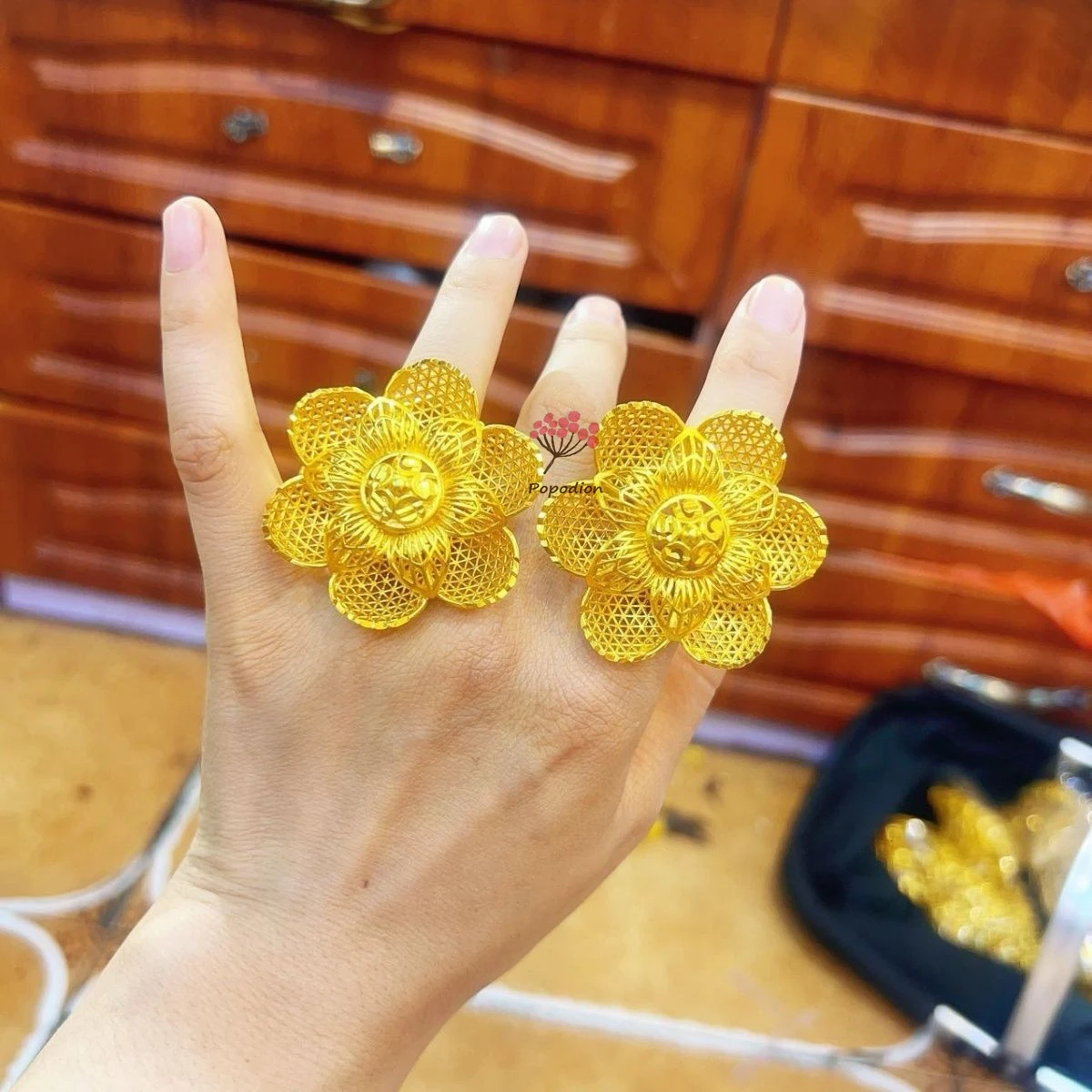 Popodion New 24K Gold Plated Flower Women's Ring Bridal Wedding Accessories Exquisite Gift YY10277