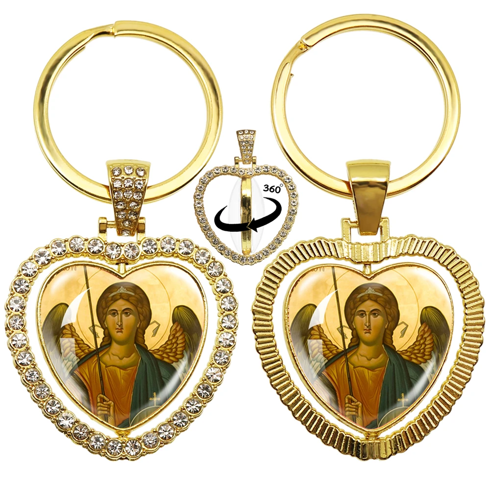 Archangel St. Michael Keychain Protect Me Saint Shield Angel Double Sided Keychain 360 Degree Rotating Heart Shaped Pendant Jewe