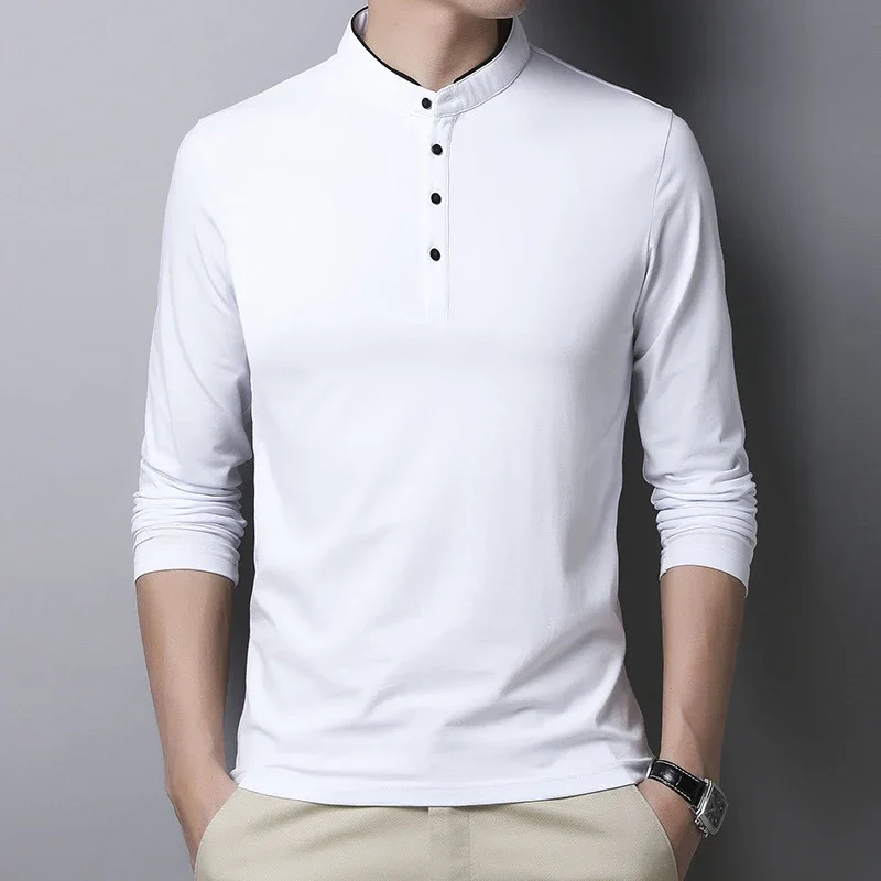 Men's Fashion Long sleeved POLO Shirt Casual Breathable Top Stand up Collar Korean Comfortable T-shirt Top