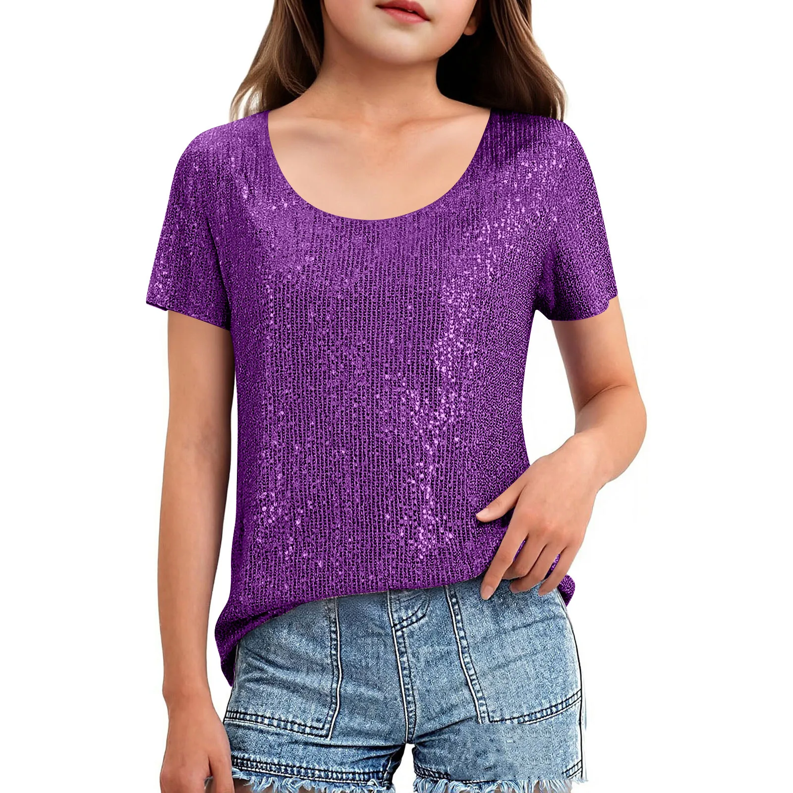 Kids Girls Sparkling Sequin Shirt Tops Round Neck Short Sleeve Glittery T-shirt for Casual Daily Life Party Carnival Performance