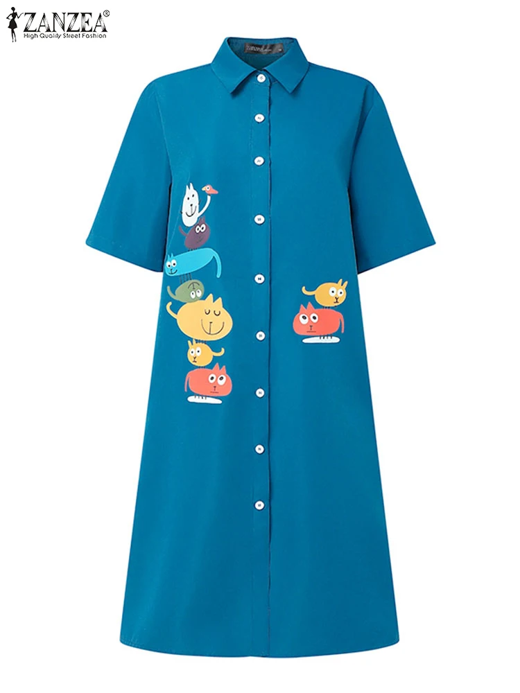 ZANZEA Mode Gedruckt Kleid Casual Revers Neck Shirt Sommerkleid 2025, Vintage Vestidos Tasten Kurze Puff Sleeve Robe Übergroßen