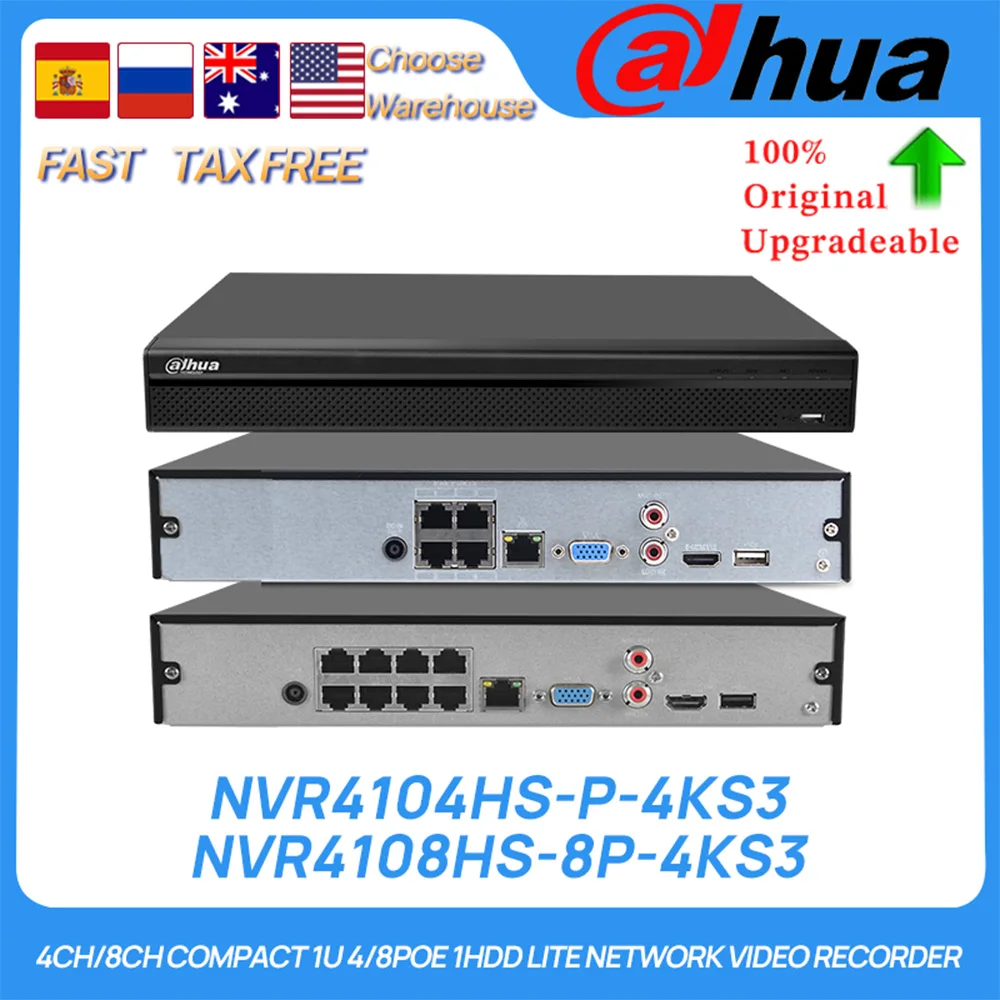 Dahua Original NVR4104HS-P-4KS3 NVR4108HS-8P-4KS3 4CH/8CH Compact 1U 4/8PoE 1HDD Lite AI Network Video Recorder Face Detection