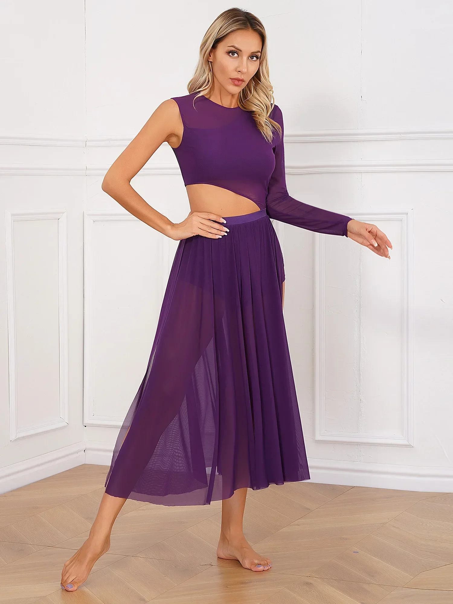 

Modern Lyrical Dance Skating Stage Performance Costume Cutout Patchwork Side Split Sheer Mesh Long Maxi Dresses Dancewear