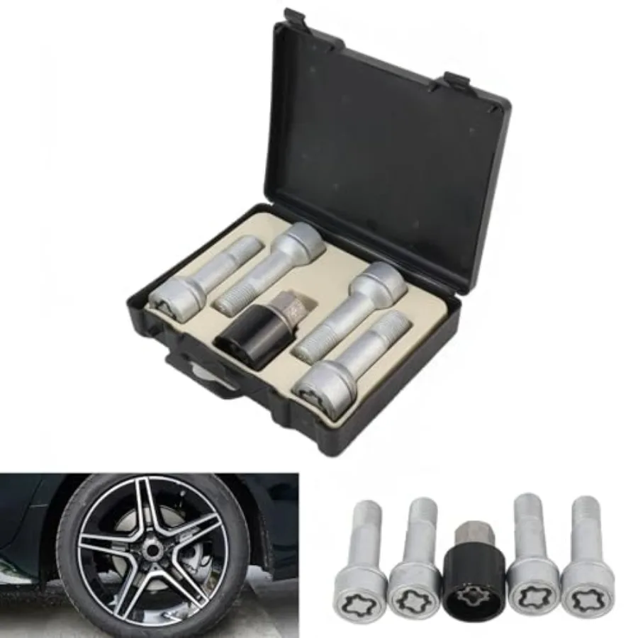 

4 PCS 304 Stainless Steel Pattern Rim Wheel Lock Nut Set Anti-Theft Wheel Bolt Kit for Benz S/GLC/GLE/E/G/M/R-Class Dark Silver