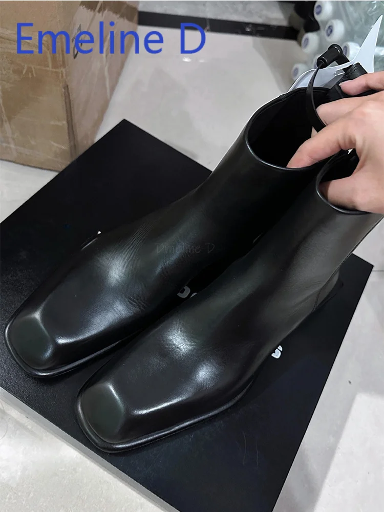 

Black Square Toe Chelsea Boots Unisex Fashionable Simple Raised Side Zipper Design Men's Retro and Trendy Leather Short Boots