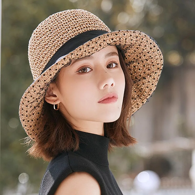 Sun hat for women Beach Hats Women Summer new Dot lace stitched paper grass sombrero breathable Sun Protection fisherman hat