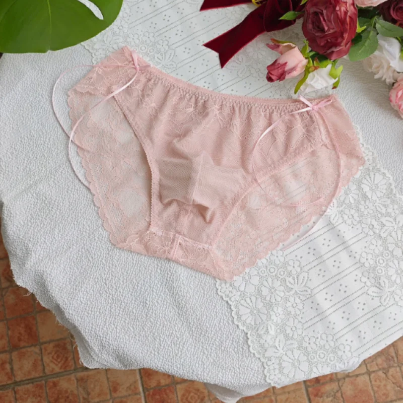Men's Convex Pouch Underwear Panty Sexy transparent Lace Bow Cross-dressing Panties  Sweet Soft Low Waist Briefs