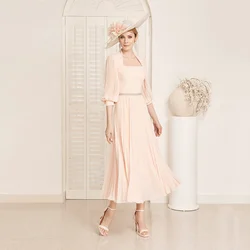 Customized Latest Blush Pink Mother of the Bride Dresses Mid Calf Length Mother Gown 3/4 Sleeves Wedding Party Dress Beaded Belt