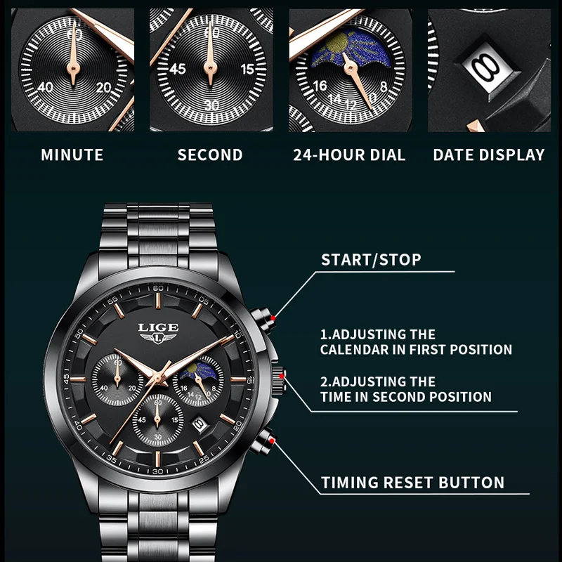 Relojes de negocios LIGE para hombre, reloj de pulsera de cuarzo de lujo de primera marca, reloj luminoso con cronógrafo resistente al agua 3Bar para caballero, regalo + caja - Image 4