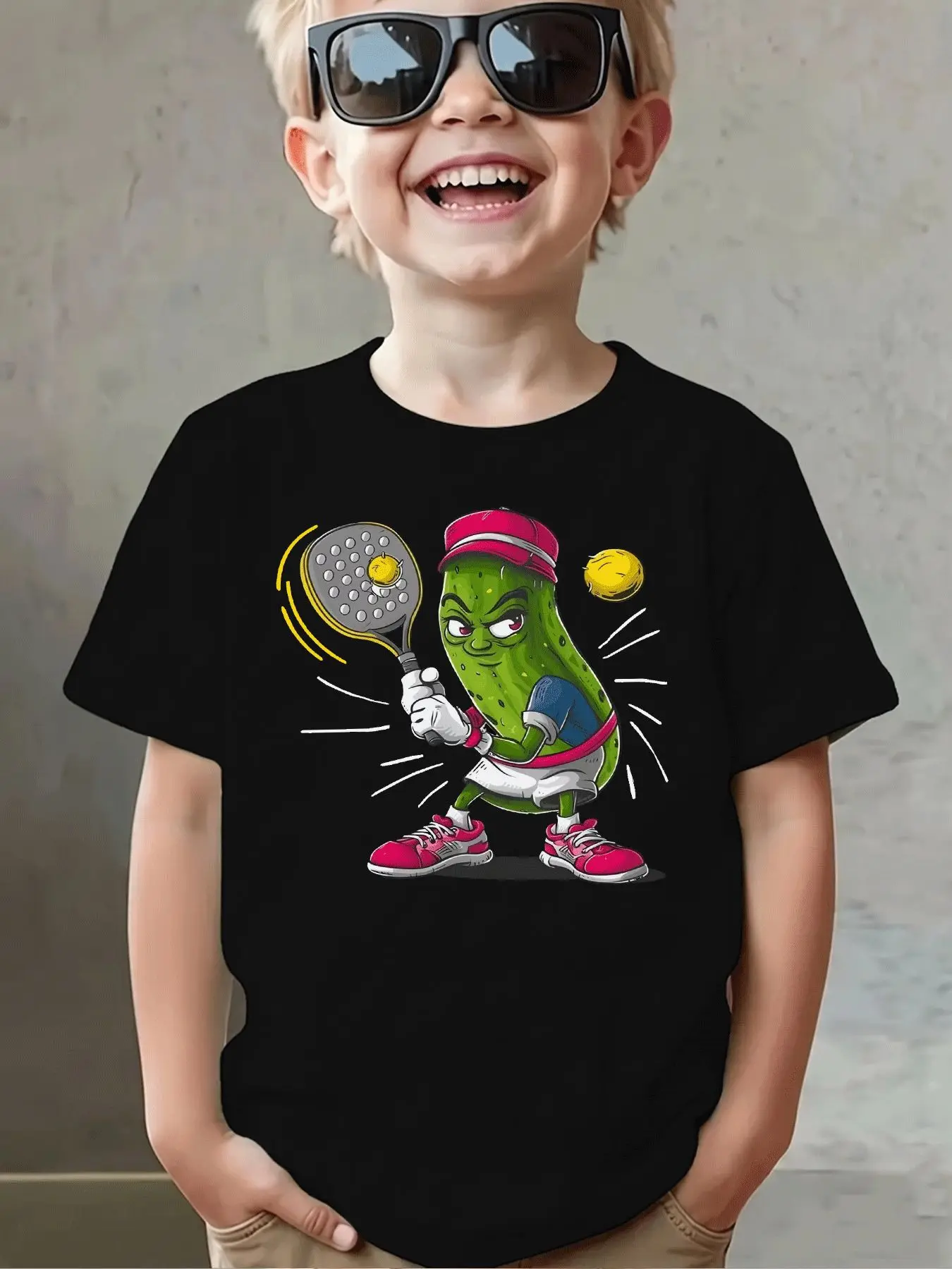 Cool Pickle Playing Padel Tennis Cartoon Print Family Matching Cotton Tees Short Sleeve Tops For Mom Dad Boys Girls Daily Wear