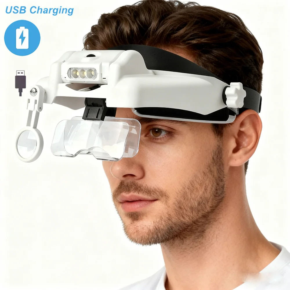 14-fache, am Kopf montierte Lupe mit LED-Licht, optionale USB-Lade-Helmlupe, zum Lesen, Reparieren, Löten