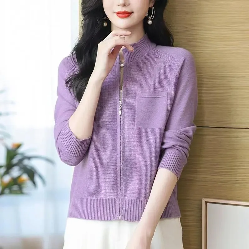 Chaqueta cárdigan para mujer primavera otoño 2025 nuevo cuello levantado prendas de punto con cremallera Joker suéter de mujer abrigo de estilo occidental Top de moda