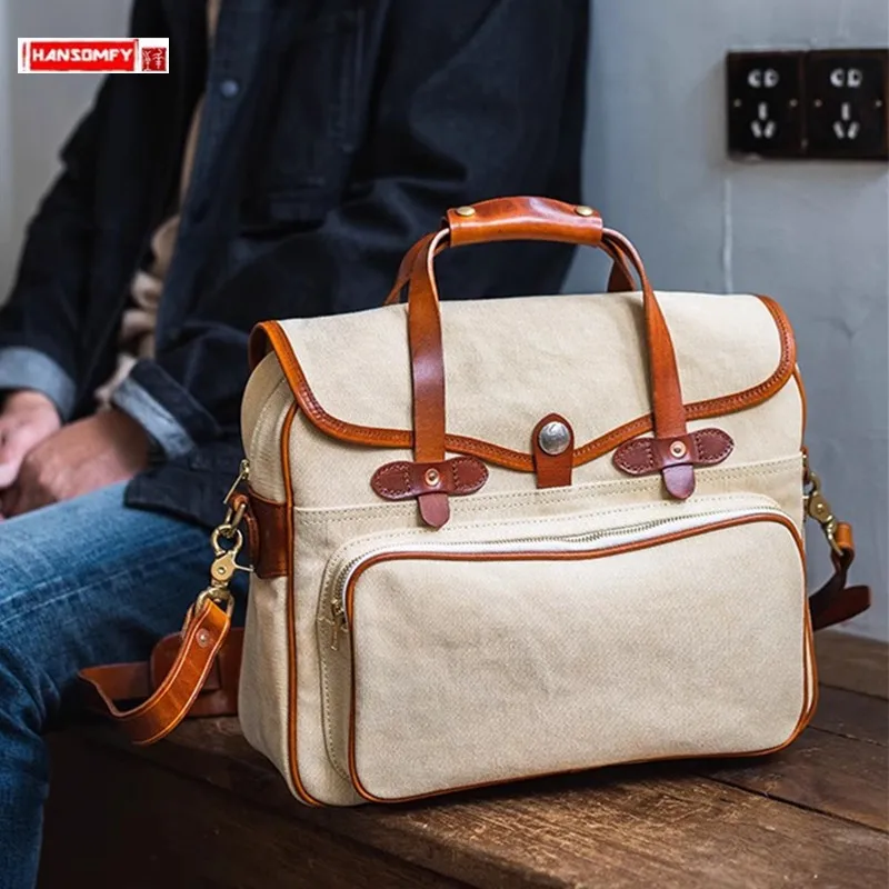 

Vintage Canvas With Cowhide Leather Men's Bag Large Capacity Handbags Briefcase Shoulder Diagonal Messenger Bag Computer Bags