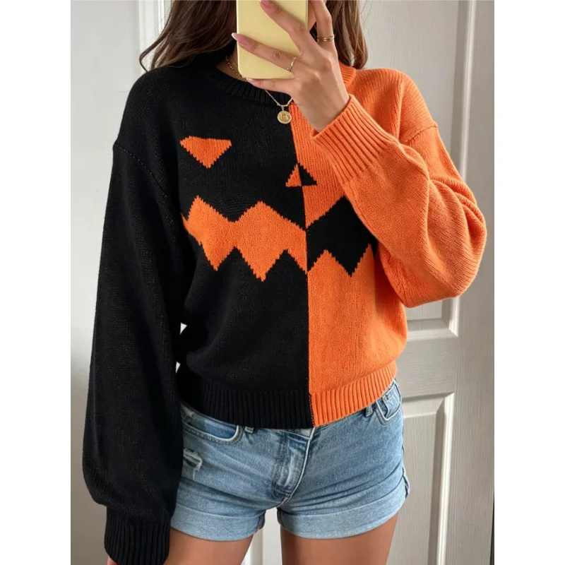 NEW Autumn Winter Women Halloween Pumpkin Face Contrast‑Color Knitted Sweater Long Sleeve Round Neck Pullover Party Knit Tops