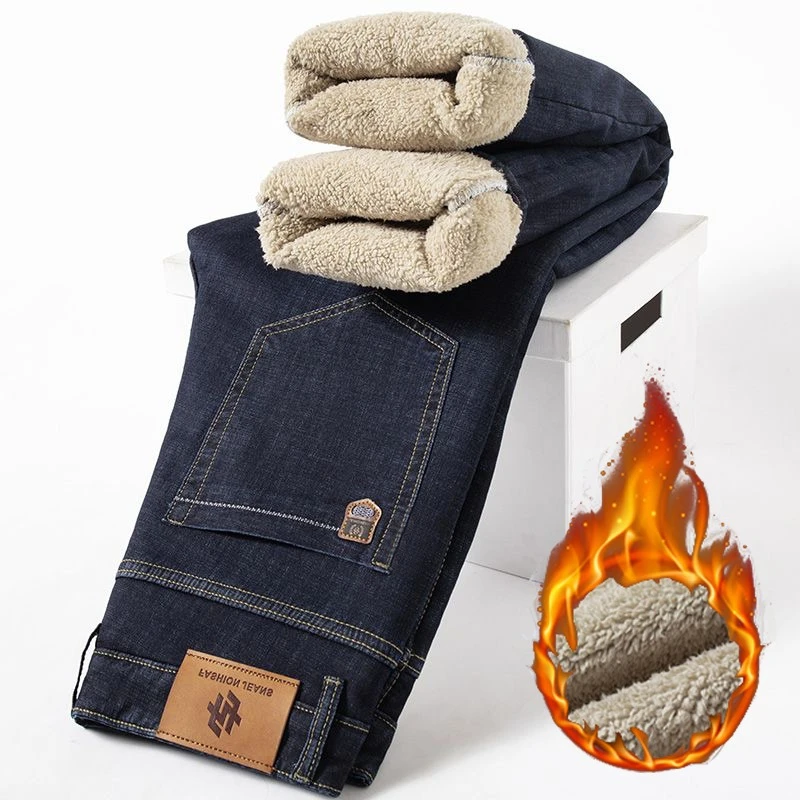 الرجال الشتاء صوف مبطن سميكة الدافئة الجينز الذكور موضة فضفاضة مستقيم سليم صالح الدينيم السراويل الذكية عادية مريحة بنطلون #1