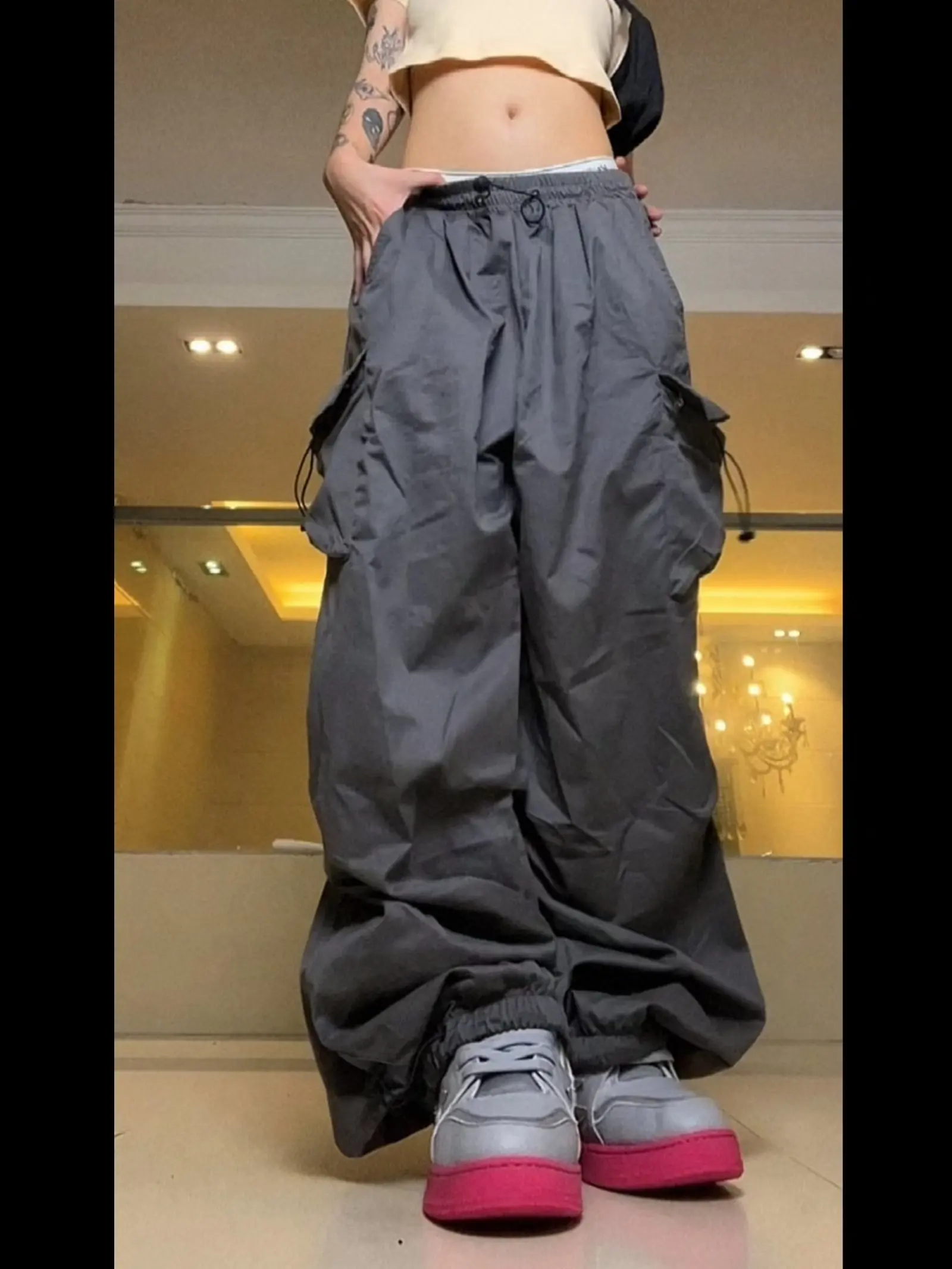 Y2K Red parachute pants Big Pockets Trousers Sweatpants High Waist Cargo Pants Tracksuits Harajuku Joggers Streetwear Pants