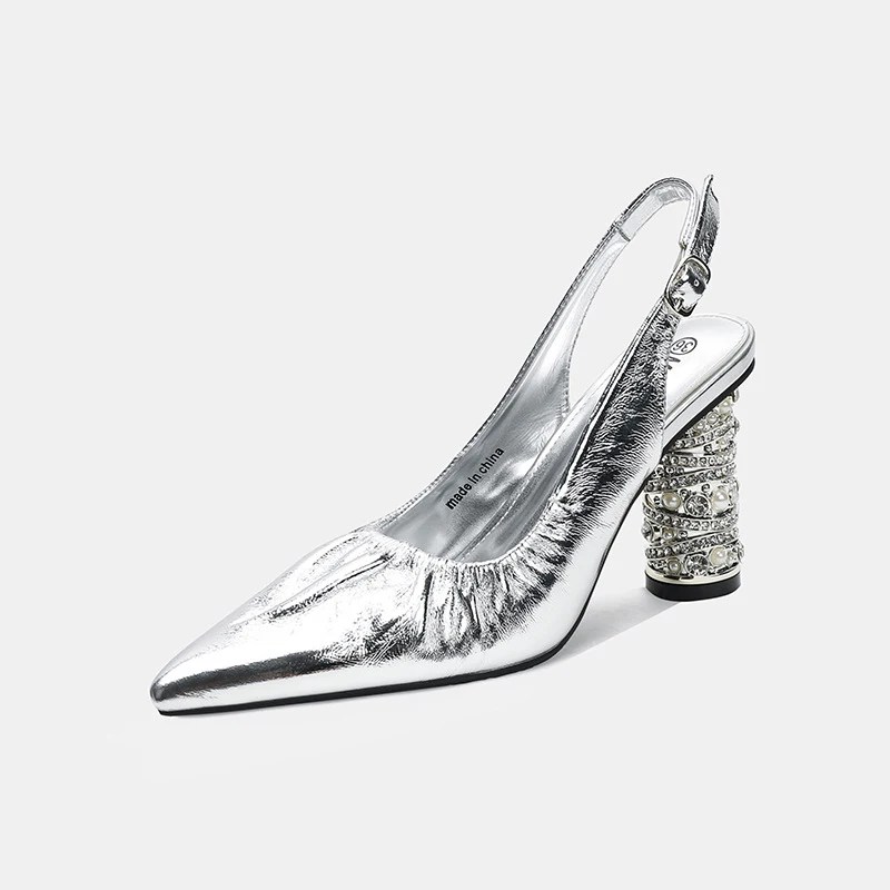 French-style pointed-toe rhinestone genuine leather high-heeled shoes for women - view 6