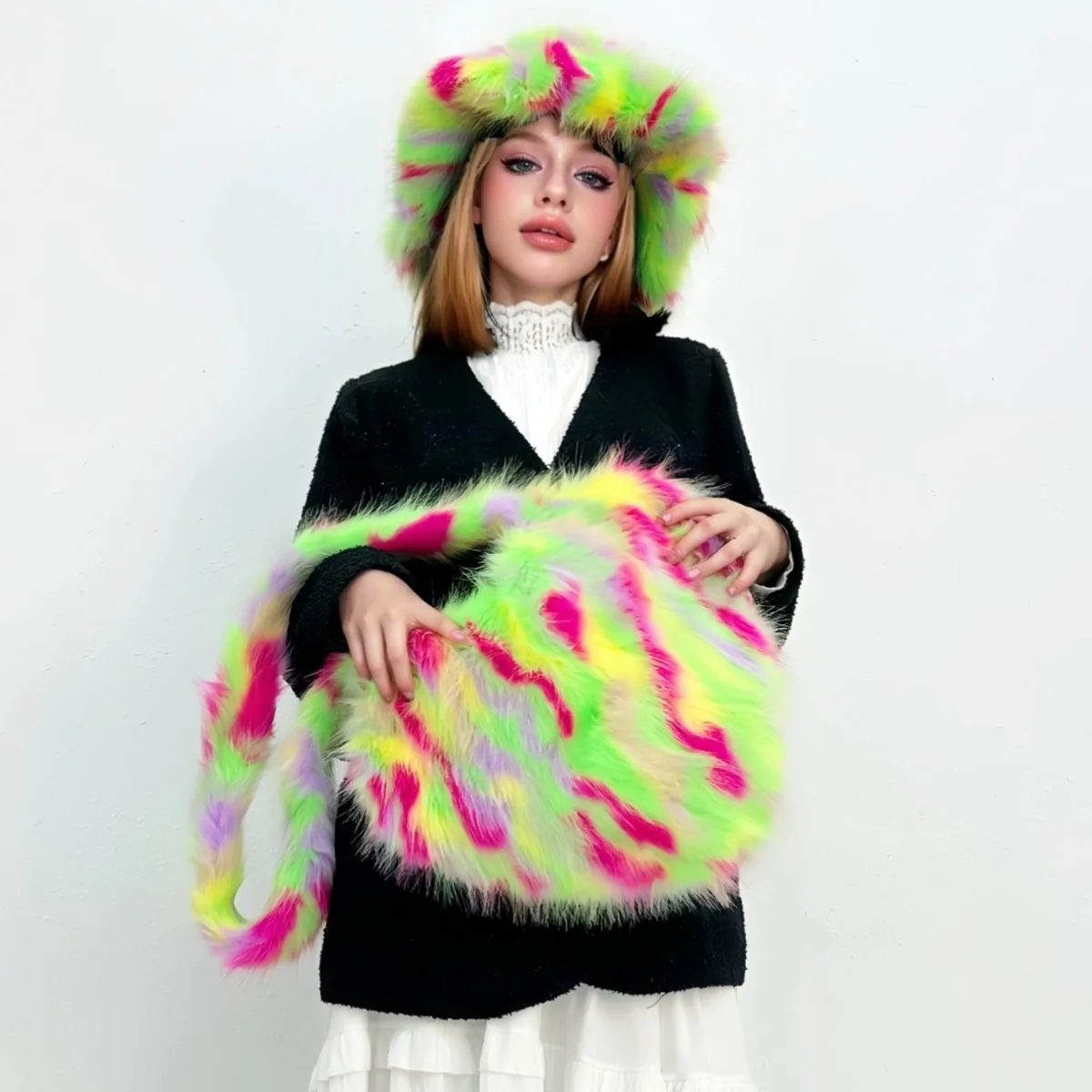 New Y2K European and American Cross-border Heart-shaped Fox Fur Bag with Plush Bucket Hat Complete Set