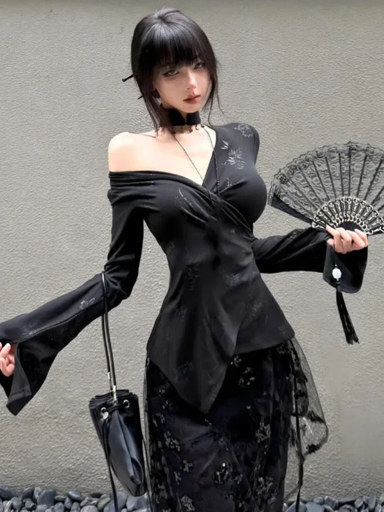 New Chinese Style Black Sequin Skirt For Women Summer Subcultural See Through Mesh Skirts Y2k High Waist Faldas Mujer 2025