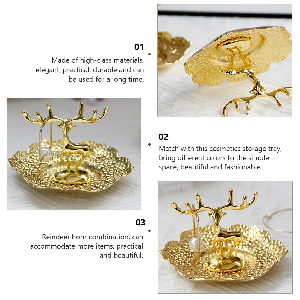 

1pc Jewelry Storage Tray Durable Organizer Desktop Display Rack For Rings Necklaces Earrings Deer Horn Design Copper