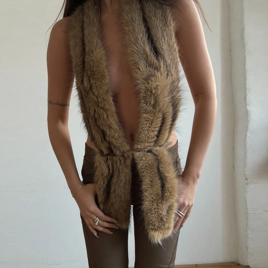 Women Fall Winter Fluffy Lace Up Jackets Vests Lace Up Backless Casual Tank Tops Deep V Neck Sleeveless Slim Furry Vest Clubwear