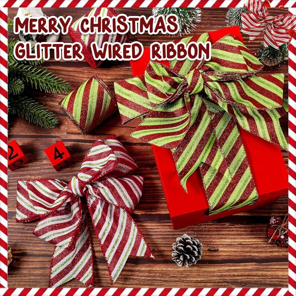 5 Yards Christmas Gift Bow Ribbon Lightweight Christmas Tree Ribbon Red Trim Wired Ribbon DIY Xmas Ornaments Fabric Swirl Ribbon