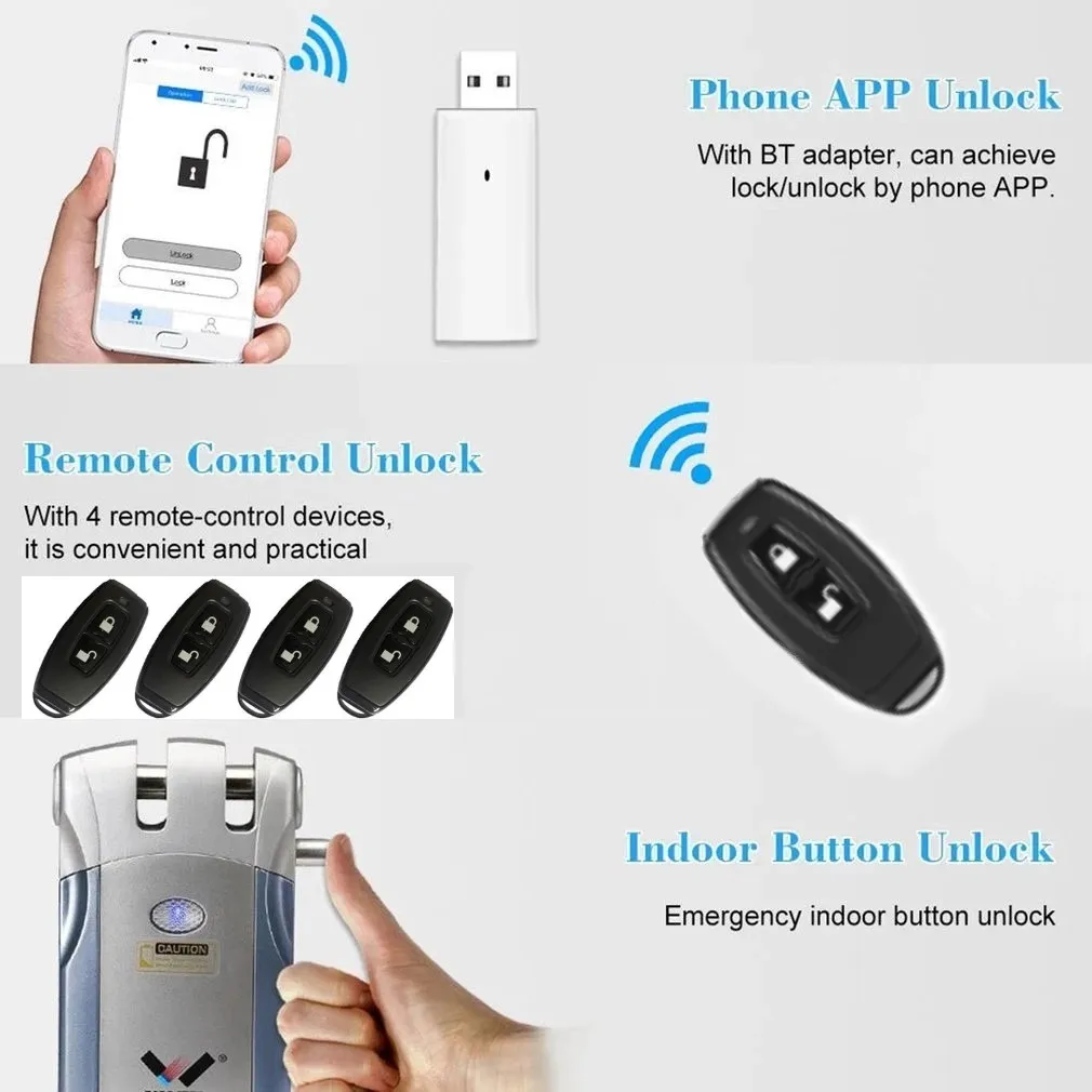 433MHz Wafu Smart Lock Security Wireless WIFI BT Tuya Intelligent Remote Control Electronic Door Invisible With 4 Remote Keys