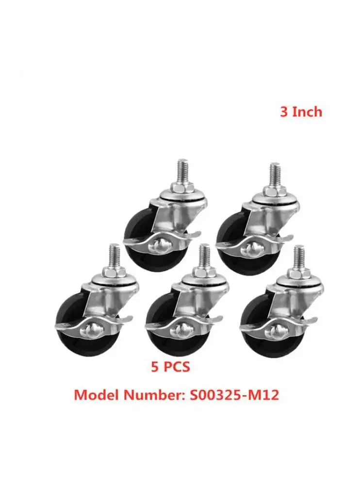 5 Pcs/Lot Casters 3-inch Black Pp Screw Caster With Brake M12cm Side Wheel Baking Tray Rack Universal