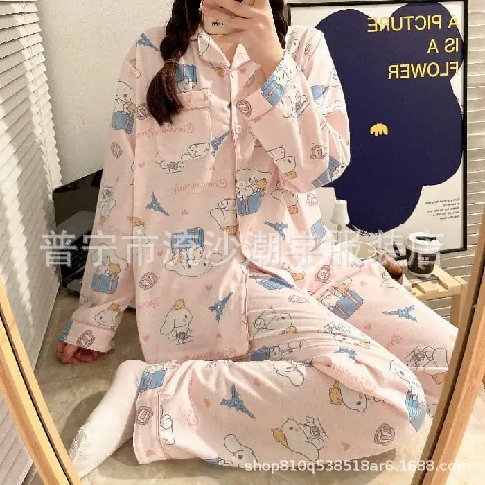 Anime Sanrio Long-Sleeved Pajamas Set Kawaii Cartoon Pochacco Printing Spring Autumn Thin Polyester Cute Girls Home Clothes