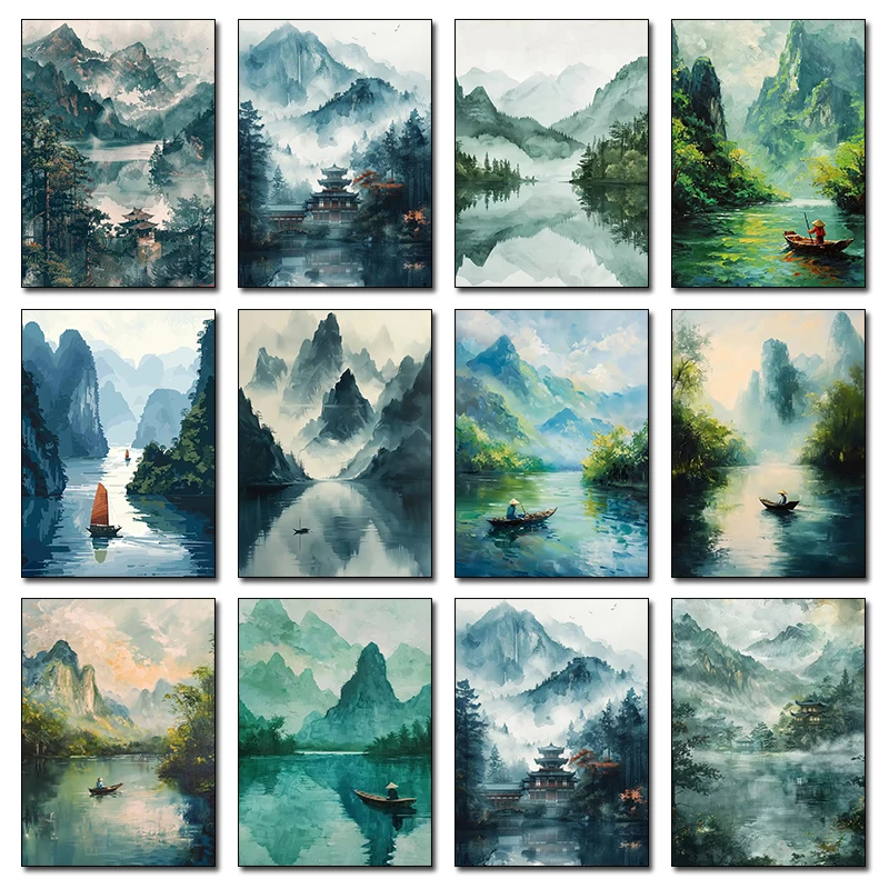 Watercolor Natural Landscape Mountain Forest Lakes Travel Poster Canvas Print Wall Painting Living Room Bedroom Home Decorati
