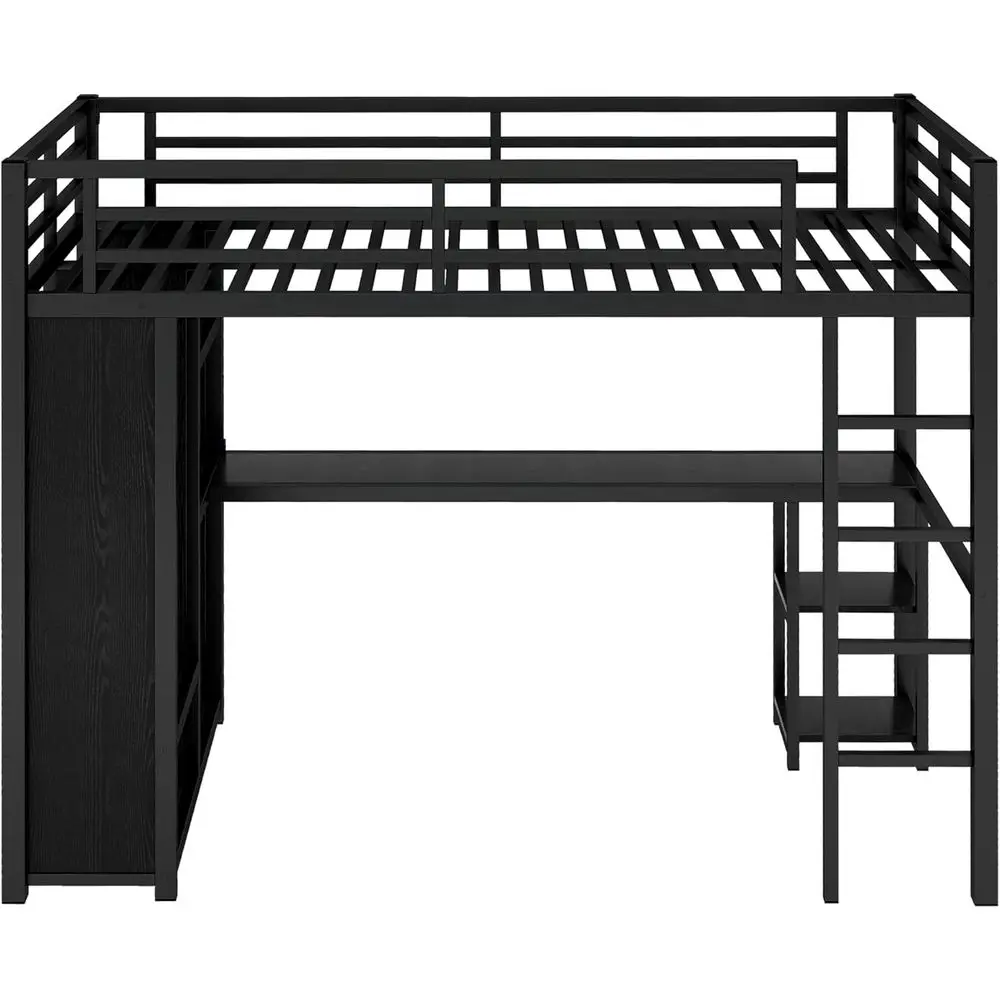 Sturdy Metal Twin XL Bed with L-Shaped Desk, Wardrobe, and Storage, Ideal for Kids and Teens in Black view 4
