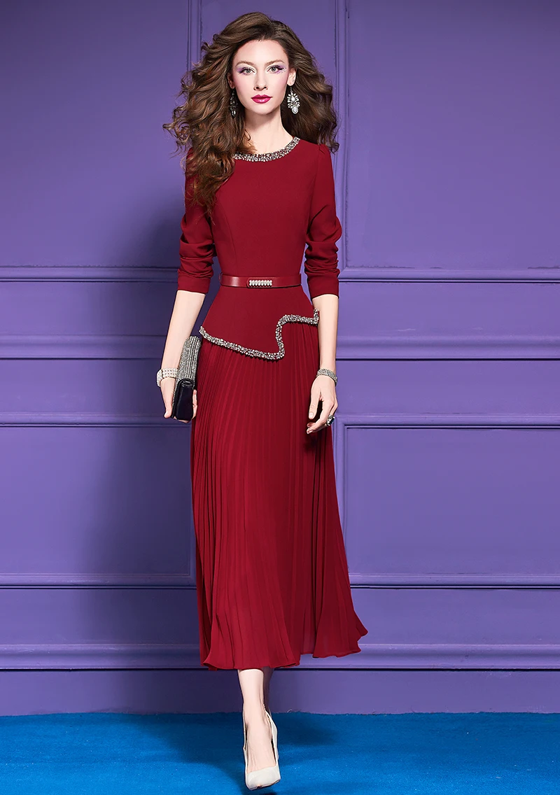 Zjyt elegante luxo diamantes plissado vestidos longos para mulheres festa noite manga cheia plus size roupas femininas 2025 outono novo