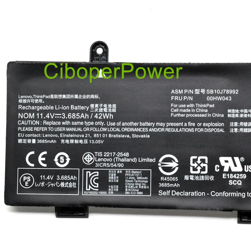 Original quality  Battery for ASM SB10J78992 FRU 00HW044 00hw043  battery