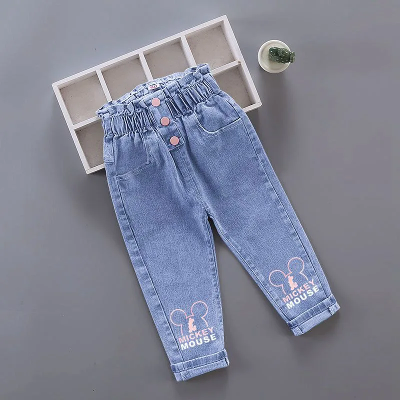 Kids Baby Girls Casual Clothes Jeans Mickey Mouse Trouser Toddler Infant Denim Clothing Pants Children Bottoms 1 2 3 4 5 6 Years