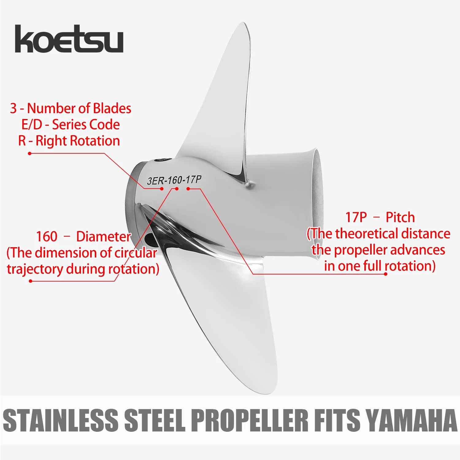 KOETSU Stainless Steel 3 Blade Propeller Fit For Yamaha Outboard Motor Marine Boat Engine Replacement Prop Accessories
