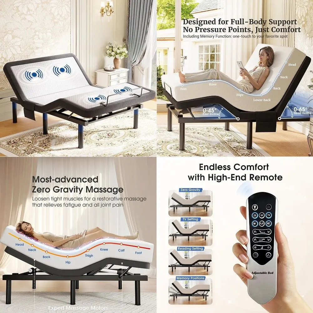 

Adjustable Bed Frame Bases Queen, Massage, Zero Gravity, Memory Postions, Quick Assembly, Whisper Quiet Durable Motor, Adjustab
