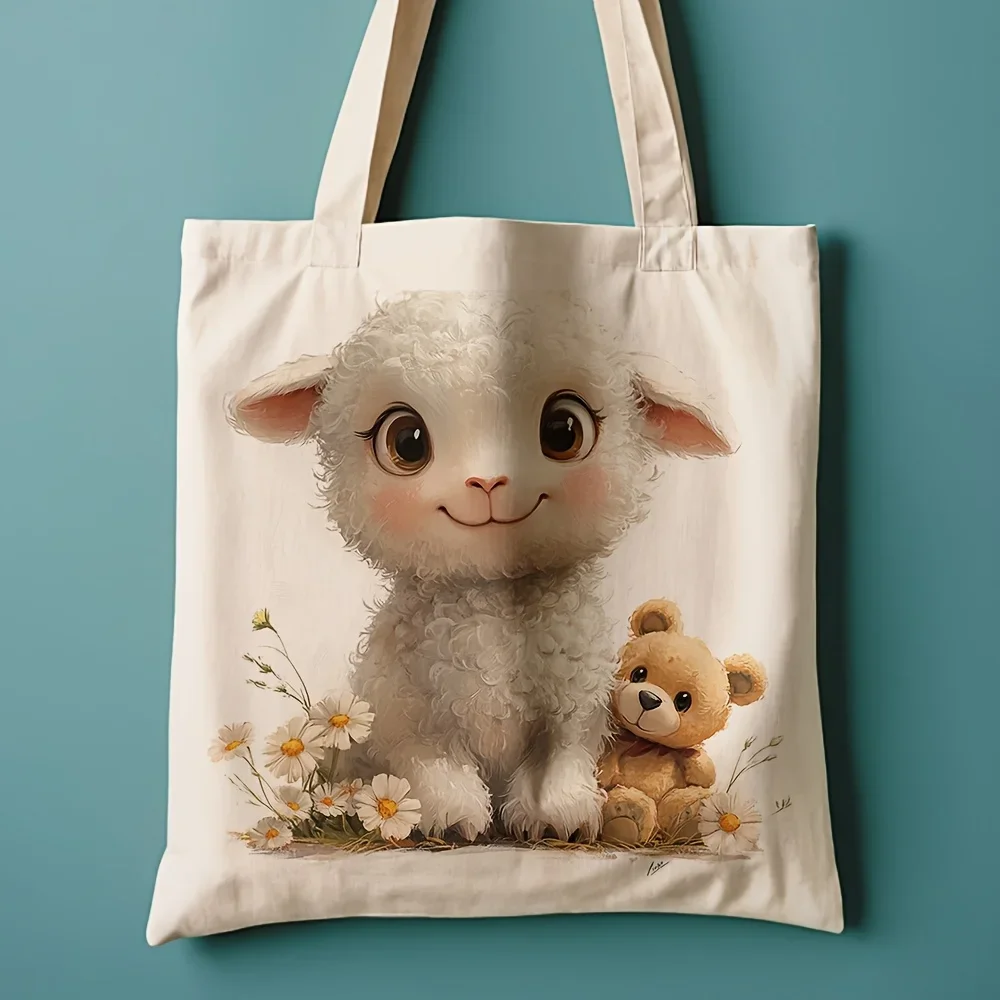 1pc Cute Sheep and Teddy Canvas Tote Bag - Reusable Grocery Bags (35.05cm x 40.13cm), Stylish Shopping Bag for Daily Use, Commut