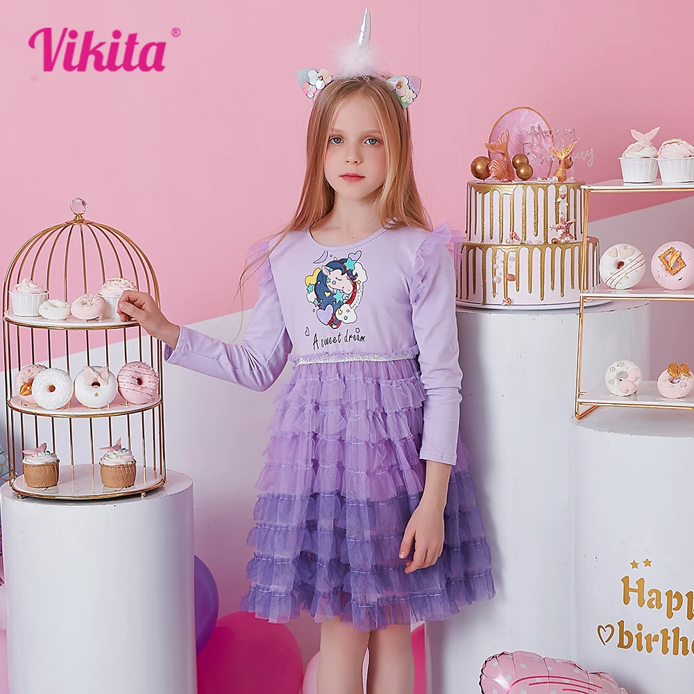 VIKITA Girl Flare Sleeve Dresses Kids Unicorn Princess Dress Girls Purple Mesh Tulle Birthday Party Performance Layered Dress