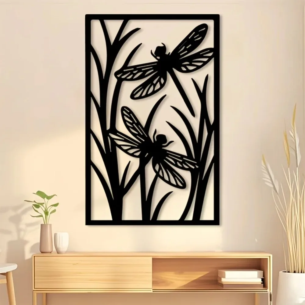 1pc Large Black Metal Dragonfly Wall Sculpture Abstract Iron Outdoor Art Decor Anti-Rust Elegant Flying Insect Mural for Balcony