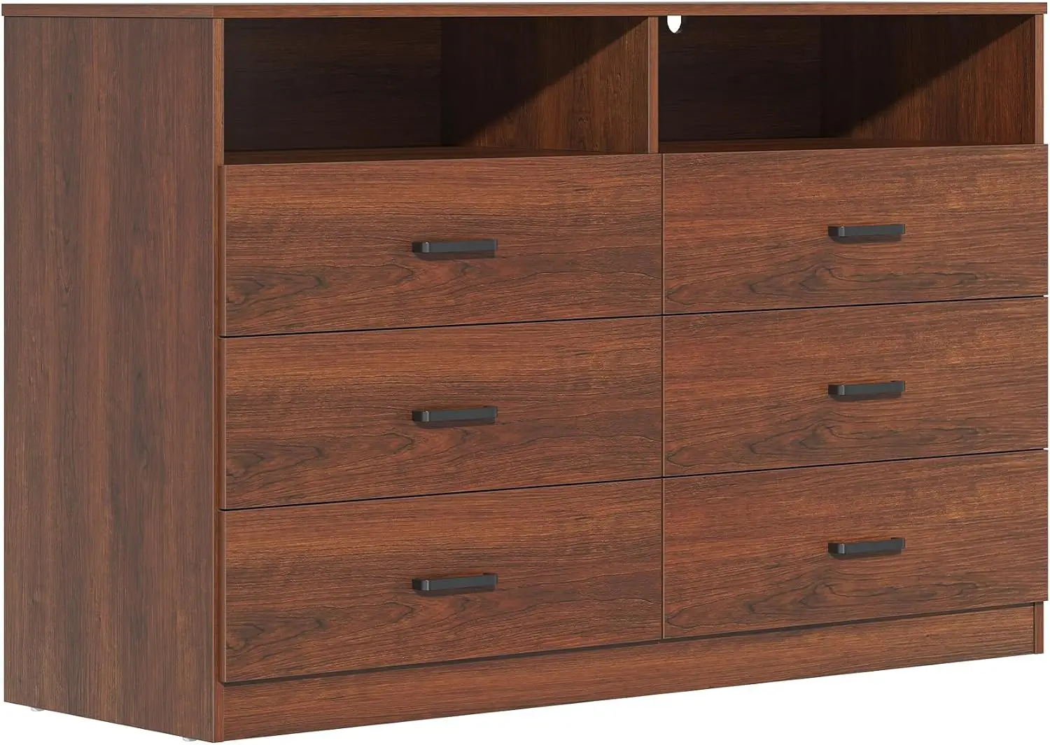 6 Drawers Dresser for Bedroom Wooden Drawer with Open Storage Cubby, Double Wide Dresser Organizer for Bedroom, Living Room, Ent