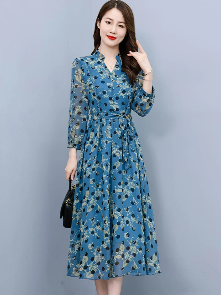 Spring Autumn Blue Floral Chiffon Casual Midi Dress Women Elegant Chic Prom  Long Dress 2024 Vintage Bodycon Party Evening Dress - AliExpress 200000345