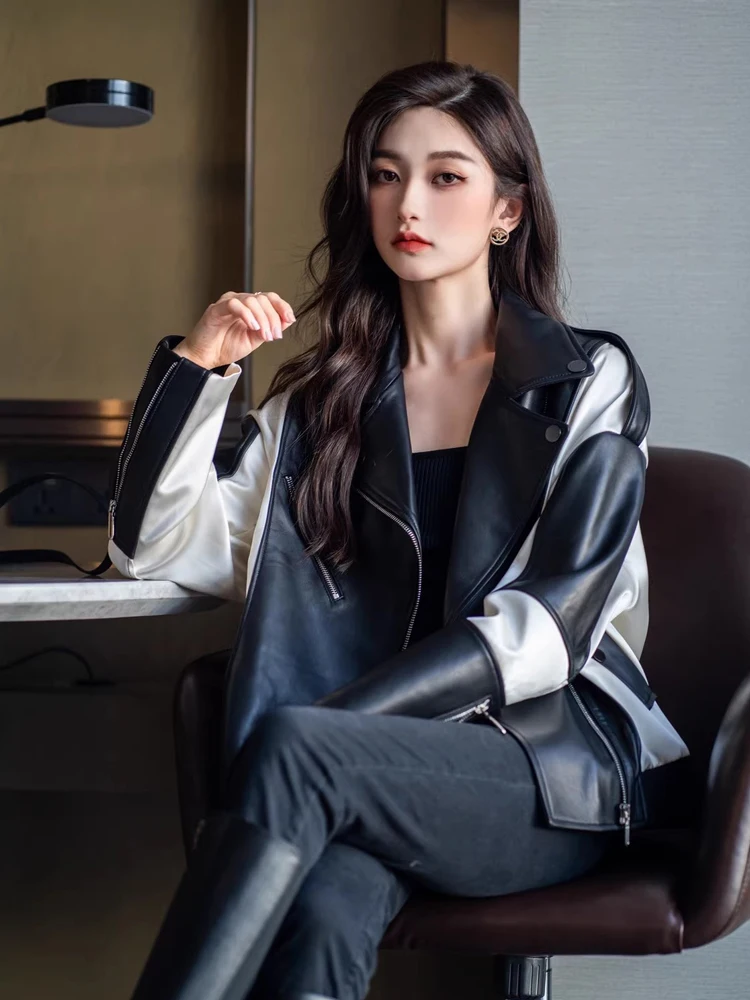 

Женская кожаная куртка Haening из натуральной овчины, осенняя новинка 2025 года, модная приталенная мотоциклетная куртка