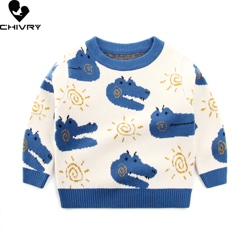 

New 2023 Autumn Winter Baby Boys Round Neck Pullover Sweater Kids Cartoon Dinosaur Jacquard Warm Knitted Jumper Sweaters Tops