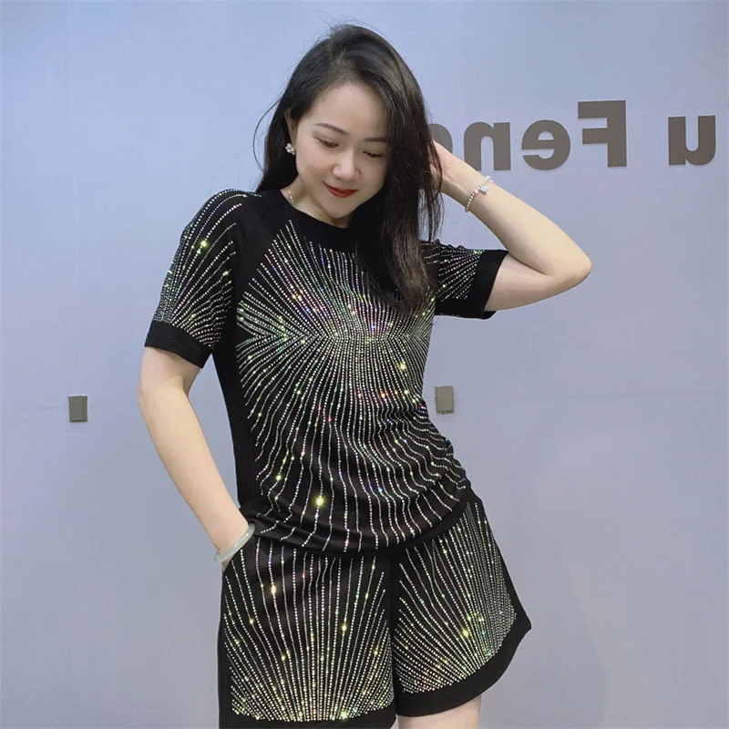 Summer Sequins Short Pant Sets 2 Piece Women Outfits Casual O Neck Pullover Short Sleeve Top Tracksuit Streetwear