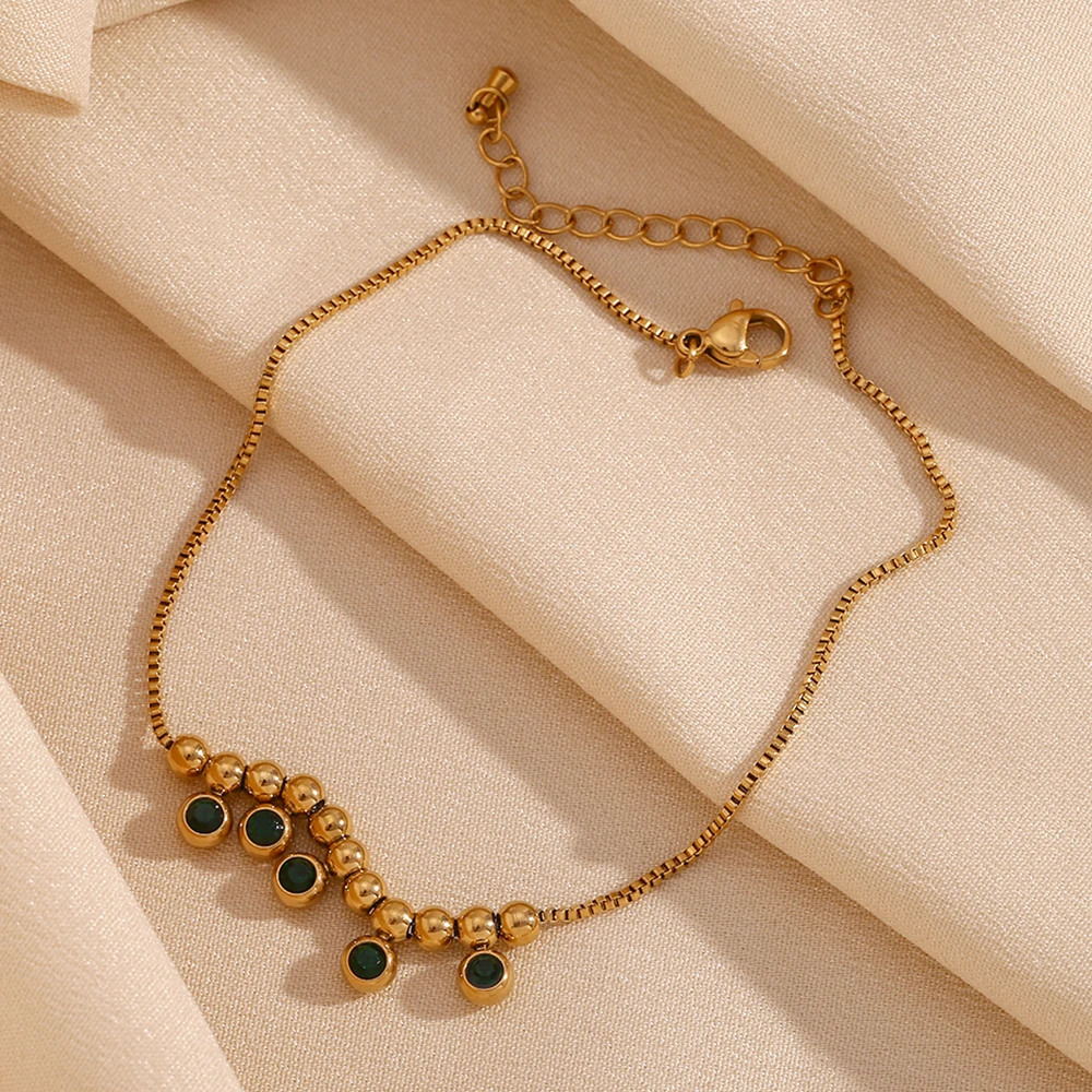 Green Steel Ball Foot Chain Waterpoof Anklet 316L Stainless Steel Tarnish Free 18K Gold Plated Bracelet on the Leg