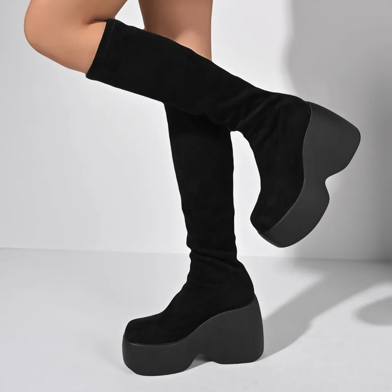 Suede Stretch Slim Women Knee High Boots Platform Wedge Heel Round Toe Slip On Shoes Gothic Streetwear Tall Booties