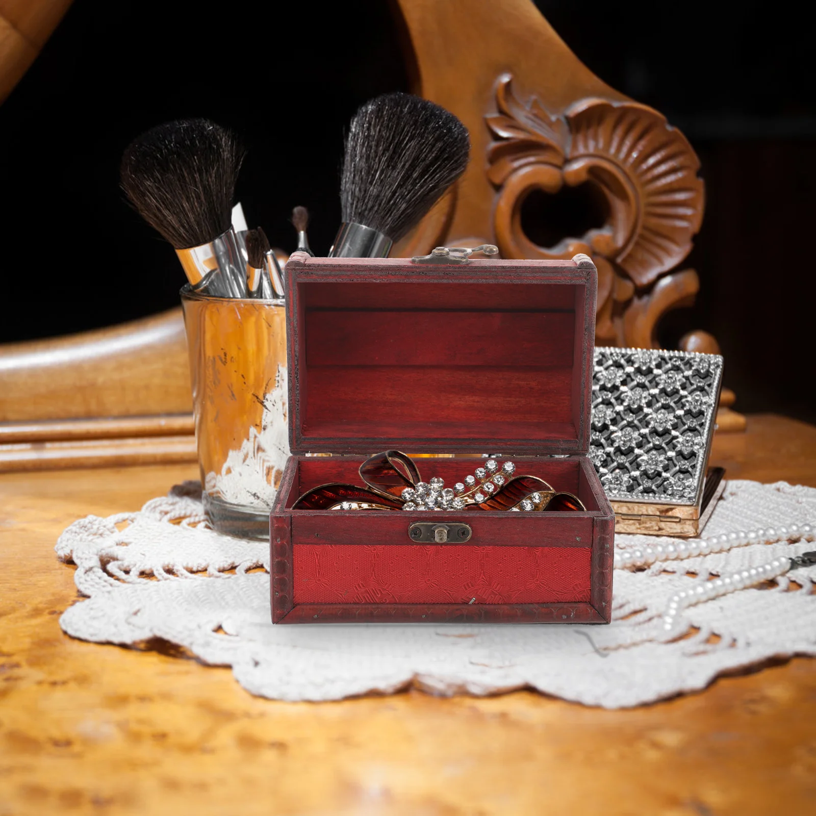 

Retro Wooden Jewelry Box Decorative Trinket Organizer Earring Necklace Bracelet Storage Compact Lightweight Safe Container