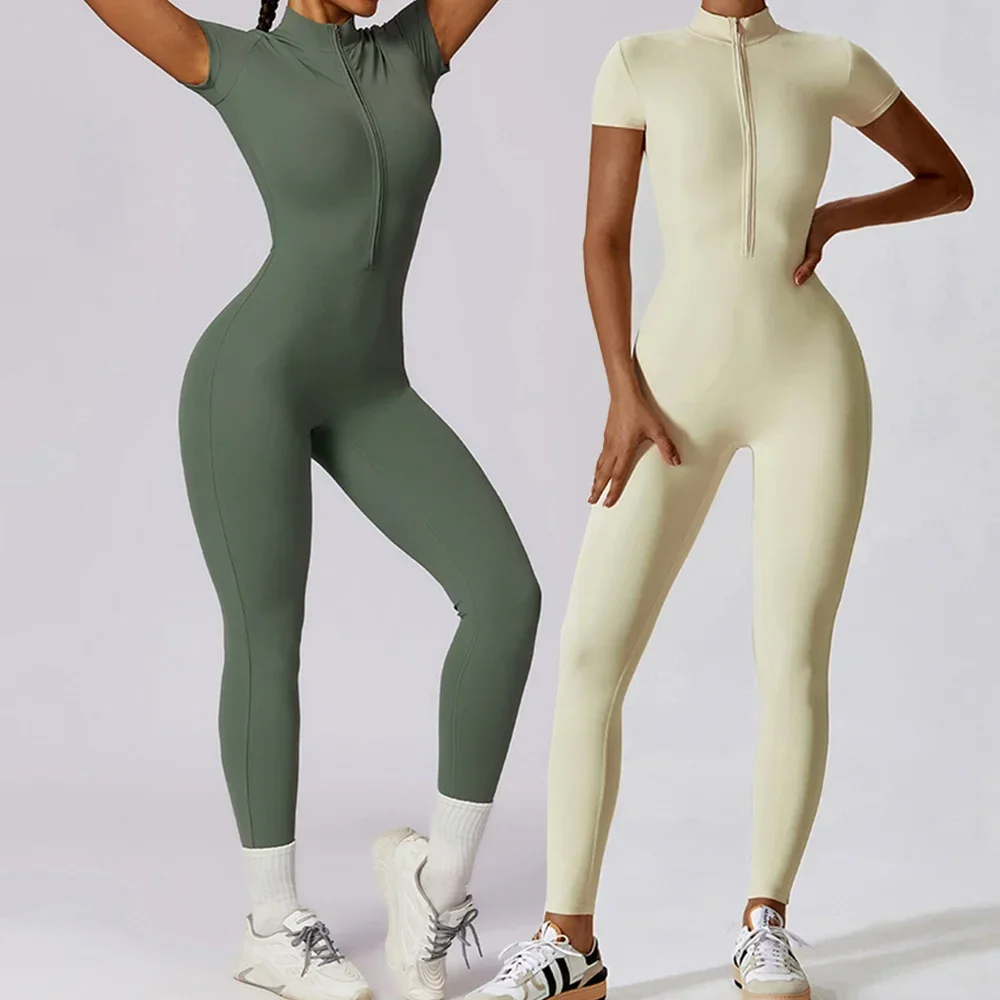 

Short Sleeve Gym Jumpsuits Zipper Sport Overallls Women Workout Clothes Fitness Romper Summer Breathable Jumpsuit